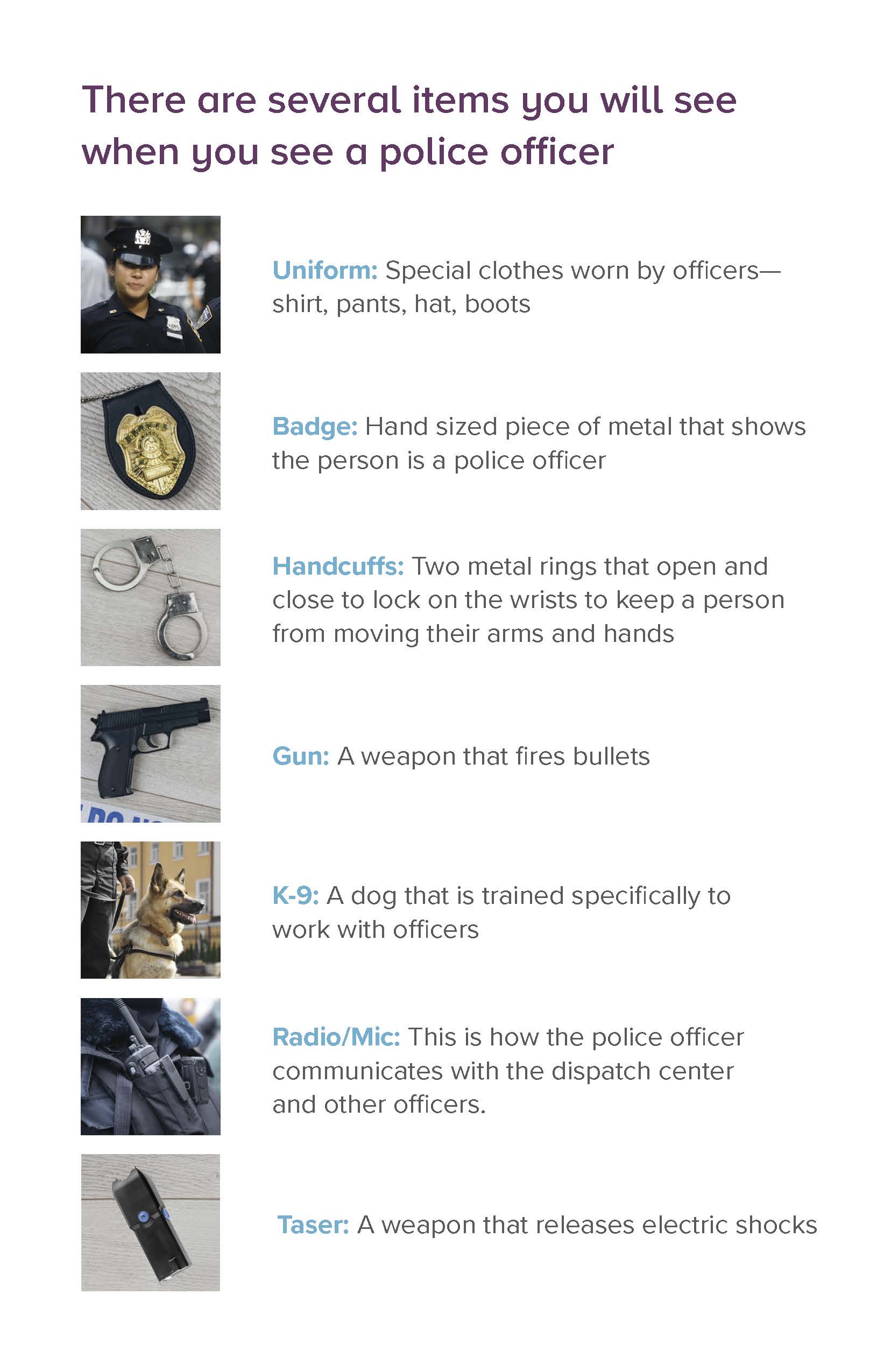 Items that are associated with a policy officer Uniform, Badge, Handcuffs, Gun K-9, Radio/MIC